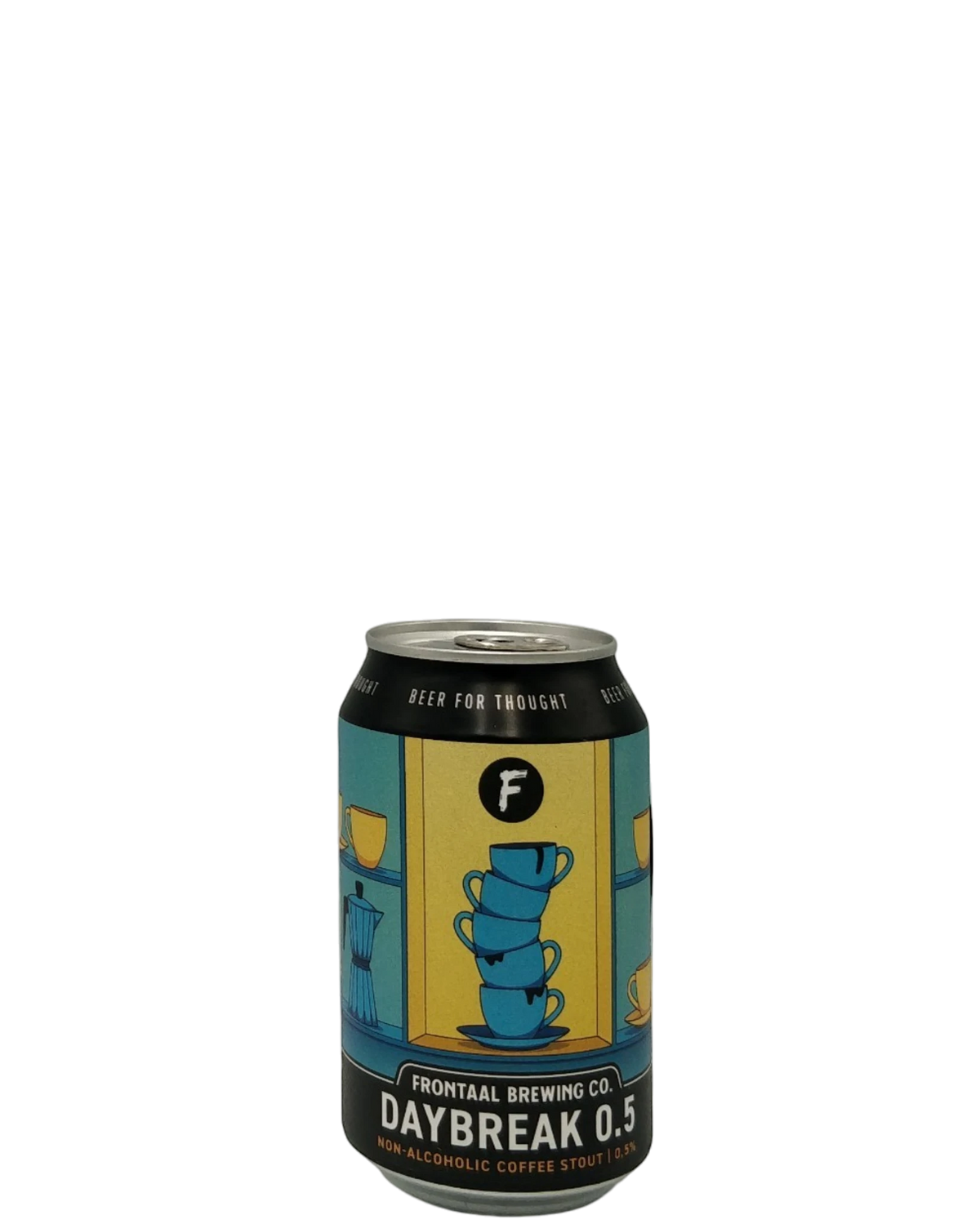 Brygshoppen.dk Daybreak 0.5 non-alcoholic coffee stout can with stacked blue cups and coffee maker illustration.